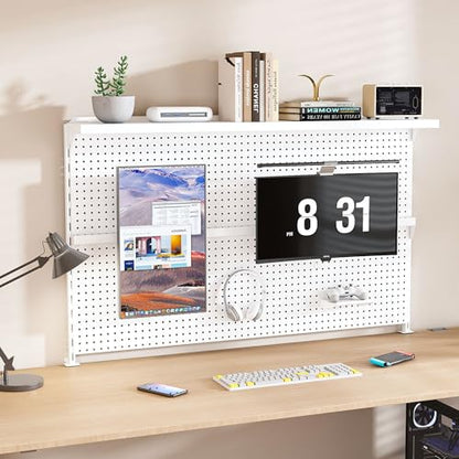 Clamp-On Metal Desk Pegboard with Dual Monitor Stand–No Drilling Needed! 59x35 Inch Steel Privacy Panel with Hooks & Movable Partition, Peg Board Wall Organizer for Gaming & Office - color: White