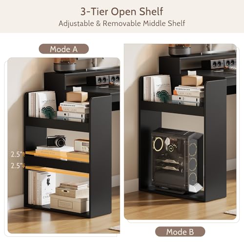 Farmhouse Computer Desk with Drawers and Power Outlets, 60” Home Office Desk with Adjustable File Drawer, Cat Scratching Pad, Printer Stand, Shelves & Monitor Riser, Black