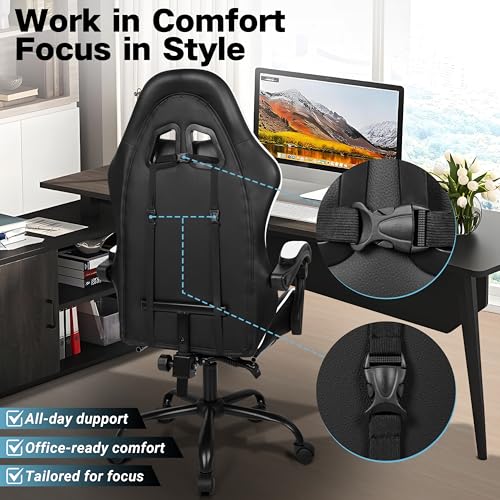 Gaming Chair with Footrest and Lumbar Support, Height Adjustable Chair with 360°Office Desk Chair,Heavy Duty 330lbs Computer Chair for Adults - color: White & Black