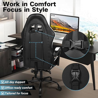 Gaming Chair with Footrest and Lumbar Support, Height Adjustable Chair with 360°Office Desk Chair,Heavy Duty 330lbs Computer Chair for Adults - color: White & Black