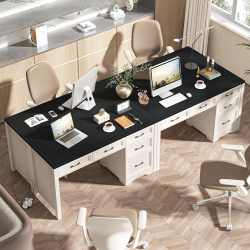 Vabches 55″ Farmhouse Desk with 5 Storage Drawers, Black | Large Home Office Computer Desk with Adjustable File Drawer, Executive Workstation with Storage for Study Writing Work