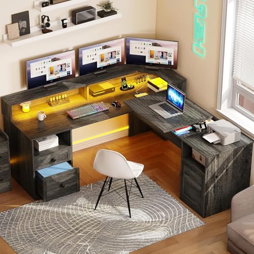 YITAHOME 60" L Shaped Lift Top Corner Desk with Power & LED, Grey