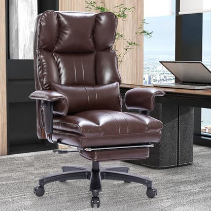 Big and Tall Office Chair with Foot Rest,Heavy Duty Office Chair(Brown) | PU Leather High Back Wide Desk Chair, Comfortable Executive Office Chair, 135° Reclining, Adjustable Padded Armrests - color: Brown