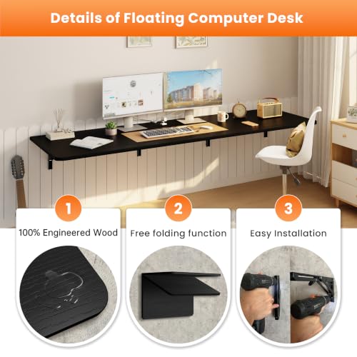 IAE Wall Mounted Folding Desk,Floating Computer Desk for Small Spaces,Black | 72x22in engineered wood desktop with metal brackets, folds flat to save space in home office, apartment and laundry room - color: Black, size: 72"*22"