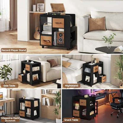 Yaheetech Narrow End Table Storage Drawer Rolling Shelves, Black | Open Shelves | Magazine Rack | Rolling Wheels | Wooden Construction | Living Room & Bedroom - color: Black