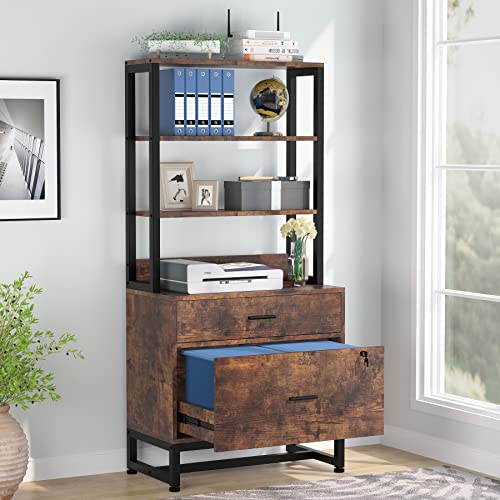 Tribesigns 2 Drawer Vertical File Cabinet with Lock & Bookshelf, Letter Size Large Modern Filing Cabinet Printer Stand with Open Storage Shelves for Home Office, Dark Brown - color: Brown