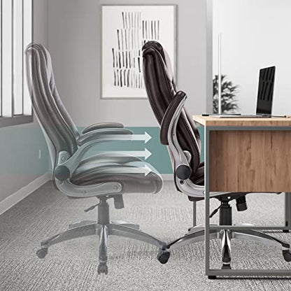 MALOL Leather Executive Office Chair - High Back Home Computer Desk Chair with Padded Flip-up Arms, Adjustable Tilt Lock, Swivel Rolling Ergonomic Chair for Adult Working Study, Brown - color: Brown
