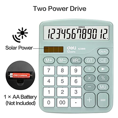 Calculator, Deli Standard Function Desktop Calculators with 12 Digit Large LCD Display and Sensitive Button, Solar Battery Dual Power Office Calculator, Green - color: Green