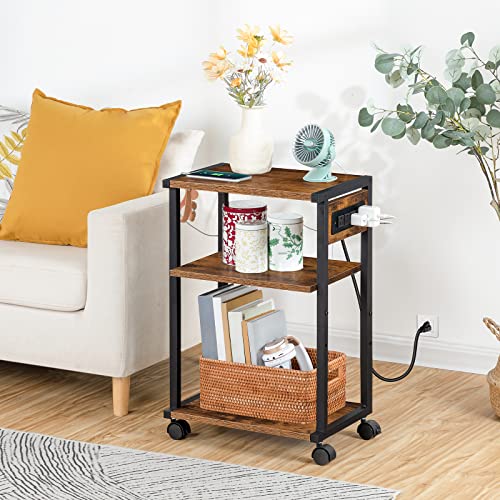 HOOBRO Industrial Printer Stand with Charging Station, 3-Tier Printer Table, Rolling Printer Cart with Adjustable Shelf and Hook, Rustic Brown and Black BF28UPS01 - color: Rustic Brown + Black