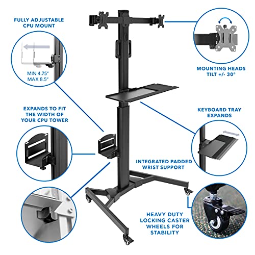 Mount-It! Dual Monitor Computer Cart – Mobile Standing Desk with Wheels, Rolling Workstation with Keyboard Tray, CPU Holder, and Adjustable Screen Mount for Office, Medical, or Warehouse - style: 2 Monitors
