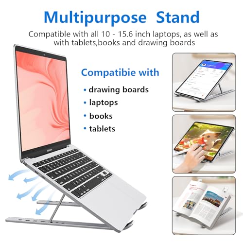 Laptop Stand for Desk, Aluminum Metal MacBook Stand，Computer Riser for Desk, Portable Foldable Adjustable Notebook Holder, Compatible with 10-15.6 Inch Laptops, iPad, Silver. - color: Silver