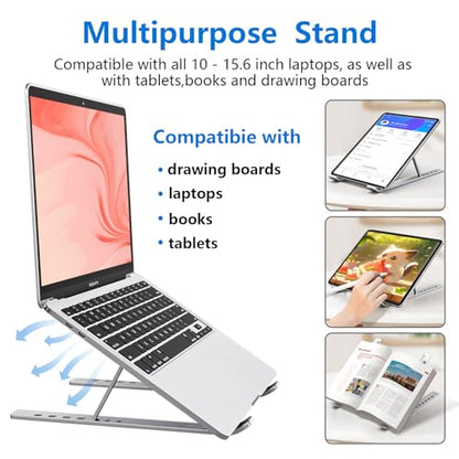Laptop Stand for Desk, Aluminum Metal MacBook Stand，Computer Riser for Desk, Portable Foldable Adjustable Notebook Holder, Compatible with 10-15.6 Inch Laptops, iPad, Silver. - color: Silver