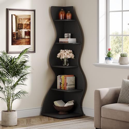 Tribesigns Wavy Corner Shelf, Modern 5-Tier Bookshelf Bookcase with Curvy Shape, Unique Plant Stand Display Rack for Living Room Small Space (Black) - color: Black