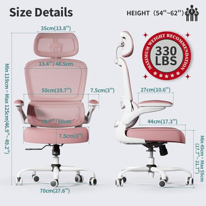 TRALT Office Chair Ergonomic Desk Chair - Gaming Chair with Lumbar Support | 330 LBS Home Office Desk Chairs with Headrest, Reading Chair with Flip-up Armrests, Comfortable Computer Chairs (1, Pink) - color: Pink