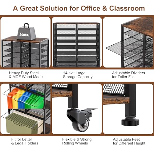 EasyPAG Rolling File Cart with 14 Slot Mail Organizer, Under Desk Storage with Hanging File Rack for Letter/Legal Folders, Mobile Filing Cabinet Printer Stand for Office Home Classroom, Black - size: 14 Slots+Hanging Rack