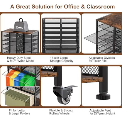 EasyPAG Rolling File Cart with 14 Slot Mail Organizer, Under Desk Storage with Hanging File Rack for Letter/Legal Folders, Mobile Filing Cabinet Printer Stand for Office Home Classroom, Black - size: 14 Slots+Hanging Rack