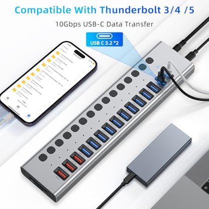 VANGREE Powered USB Hub 10Gbps, 17 Ports USB 3.2 Hub, 96W Power Adapter - color: Silver