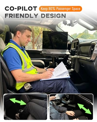 Truck Laptop Mount for Cars, Vans, Vehicles, No-Drill Computer Stand with Adjustable Height, Full Motion Swivel, Heavy-Duty Laptop Holder for Mobile Work