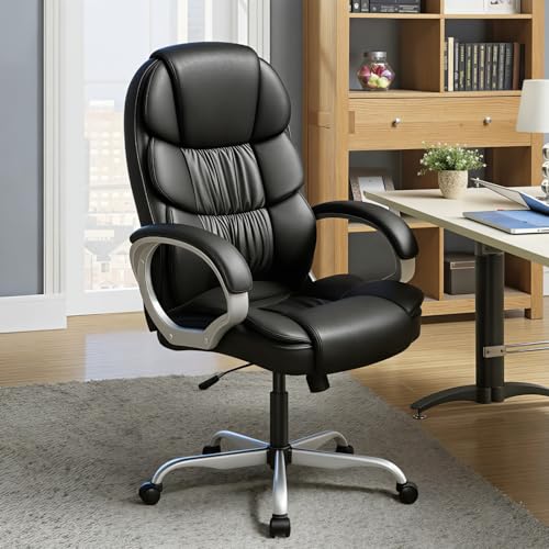 Furmax Leather High Back Office Chair Ergonomic Executive Office Chair Swivel Computer Desk Chair Lumbar Support Soft Cushioned Padded Arms (Ink Black) - color: Ink Black