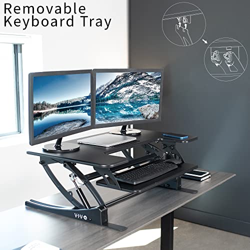 VIVO 36 inch Height Adjustable Stand Up Desk Converter, V Series, Quick Sit to Stand Tabletop Dual Monitor Riser Workstation, Black, DESK-V000V | Height Adjustable, Stand Up Desk Riser, Wide Keyboard Tray, Dual Monitor and Laptop Workstation, Black Frame,