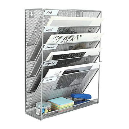 EasyPAG 5 Tier Wall File Holder, Mesh Hanging Folder Organizer with Classify Label, Versatile Desk File Holder, Vertical Wall Mounted Mail Organizer for Office Home Cubicle, Silver - color: Silver