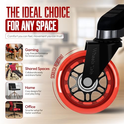 Office Chair Replacement Caster Wheels, 3 Inch Rollerblade Desk Chair Wheels for Carpet Hardwood Floors, Computer Chair Wheels - Gaming Desk Chair Casters - Fits 98% Chairs, Set of 5 - color: Red Pack of 5