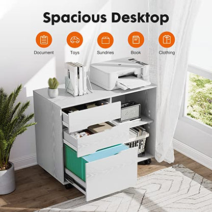 File Cabinet with 3 Drawers, Mobile Lateral Filing Cabinet with Open Storage Shelves for Home Office Under Desk Storage, White - color: White