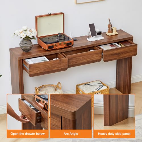 59 Inch Narrow Desk with 3 Drawers and Charging Station - Walnut - color: Walnut, size: 3 drawer