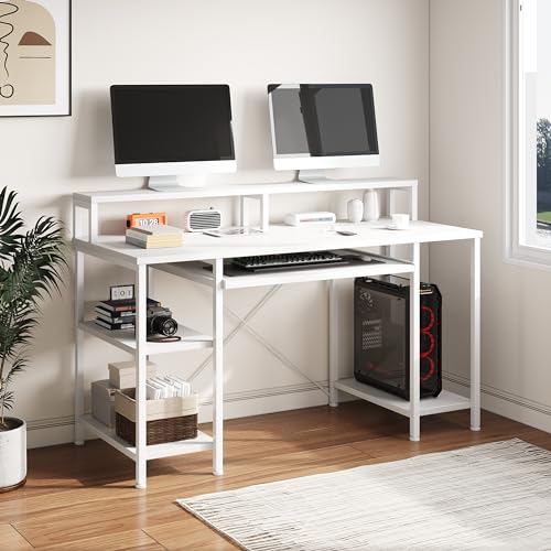VERMESS 48 Inch Computer Desk, Home Office White With Keyboard Tray, Gaming With Full Monitor Stand, Storage Shelves & CPU Stand, Modern Study Writing Table Studio Work With Shelf - color: Pure White