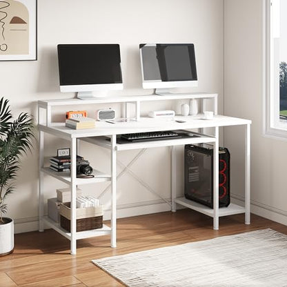 VERMESS 48 Inch Computer Desk, Home Office White With Keyboard Tray, Gaming With Full Monitor Stand, Storage Shelves & CPU Stand, Modern Study Writing Table Studio Work With Shelf - color: Pure White
