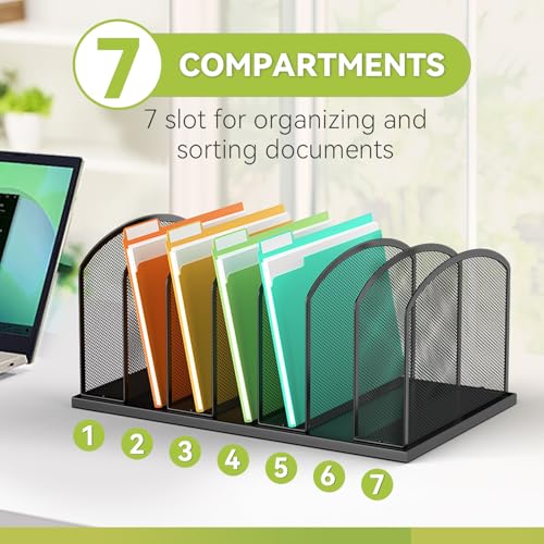 MINDEPOT Desk File Organizer 7 Sections Upright Mesh File Sorter Organizer for Desk, Office Organization File Holder for Home, Office & Classroom (Black, 1Pack)