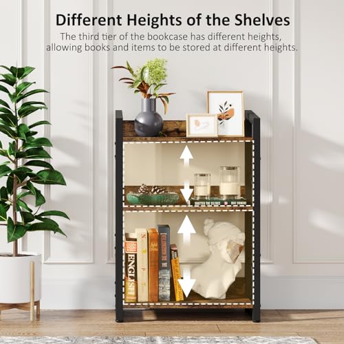Hosfais 3-Tier Small Bookshelf Bookcase with Edge Protection - color: Rustic Brown, size: 3-tier