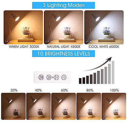 GlowVibe Desk Lamp Eye-Caring 360° Flexible Gooseneck 3 Color Modes 10 Brightness Dimmable 10W 40 LED, Portable Reading Book Light Clamp Study Desk Lamps for Bedroom and Office Home Lighting (White) - color: White
