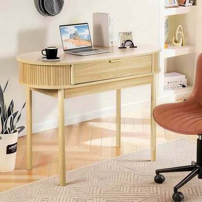Fluted Small Computer Desk with Drawer, 40 Inch Mid-Century Modern Writing Desk with Solid Wood Legs,Compact Study Table for Small Spaces, Home Office, Bedroom,Natural - color: Natural
