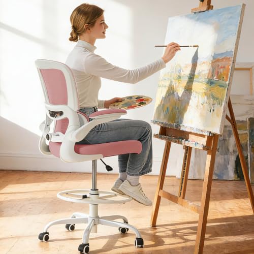 TRALT Drafting Chair - Tall Office Chair with Lumbar Support for High Desk - color: Pink