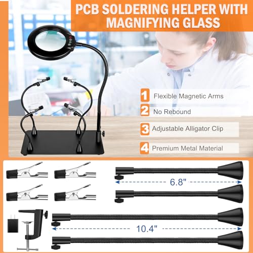 Soldering Helping Hands 12X Magnifying Glass with light and Stand PCB Holder, Drdefi Soldering Station Third Hand Tools Magnifier with Thickening Alligator Clip Large Magnetic Base for Repairing - size: Large Base