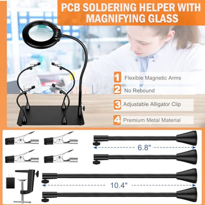 Soldering Helping Hands 12X Magnifying Glass with light and Stand PCB Holder, Drdefi Soldering Station Third Hand Tools Magnifier with Thickening Alligator Clip Large Magnetic Base for Repairing - size: Large Base