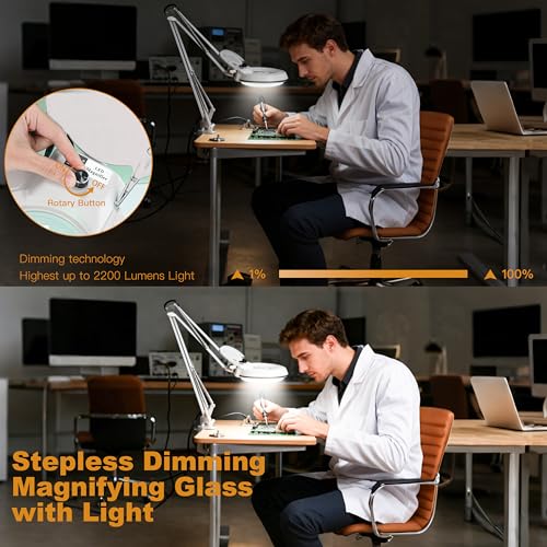 Magnifying Glass with Light,10X LED Dimmable Lighted Desk Lamp with Clamp and Stand,Hands Free Magnifier-Adjustable Stainless Steel Arm for Close Work Reading Hobbies Crafts Painting Sewing