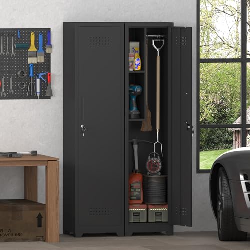 Metal Utility Closet with Hanging Rod,Narrow Broom Closet with Door,Slim Laundry Storage Cabinet for Bathroo,Gym,Living Room,Black - size: 15.75"D x 15.75"W x 64.96"H-Black
