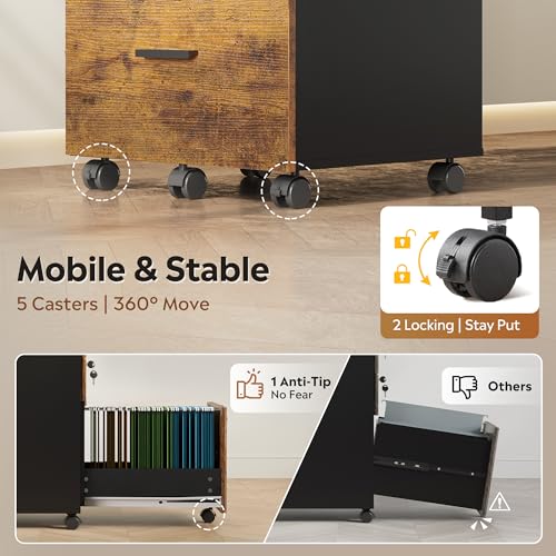 DEVAISE 3 Drawer File Cabinet with Lock & Wheels, Wood Printer Stand - color: Rustic Brown