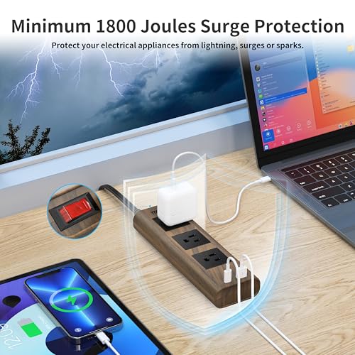 TOPREK Power Strip Surge Protector (1800J), 10 FT Flat Extension Cord with Ultra Thin Flat Plug, 3 Widely-Spaced Outlets with 1 USB-C & 1 USB-A, Wood Finish USB Charging Station for Home, Office, Dorm