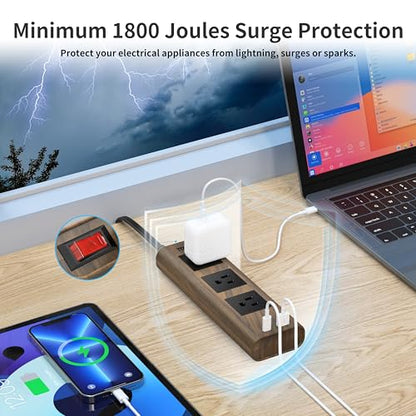 TOPREK Power Strip Surge Protector (1800J), 10 FT Flat Extension Cord with Ultra Thin Flat Plug, 3 Widely-Spaced Outlets with 1 USB-C & 1 USB-A, Wood Finish USB Charging Station for Home, Office, Dorm