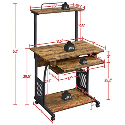 Yaheetech Small Rolling Computer Desk with Hutch and Shelves, Rustic Brown | Particle board and metal, with keyboard tray, hutch, and shelf for a monitor and tower in tight spaces, gliding on casters. - color: Rustic Brown