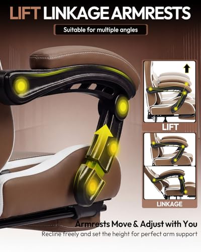 Dowinx Ergonomic Gaming Chair with Footrest & Massage Lumbar, 2D-Linkage Armrests for Computer Chair 330lbs with Headrest Pillow for Office, Home, Streaming and Long Gaming Sessions, Fabric Brown - color: Brown