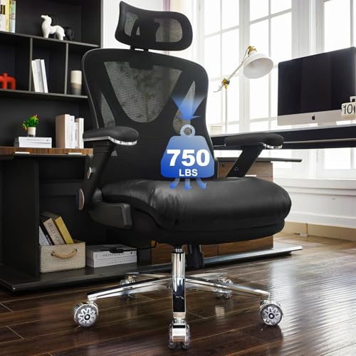 750lbs Ergonomic Office Chair,Upgrade Big and Tall Office Chairs for Heavy People,Mesh High Back Desk Chair with 5D Flip Arms Large Wheels,Adjustable Headrest & Lumbar Support,Wide Chairs - color: Black With Electroplated Color, style: Crystal Wheels