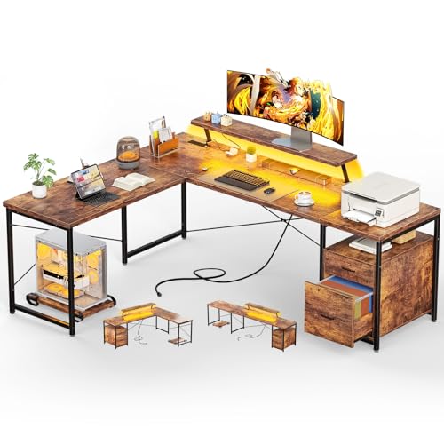 Unikito 63" L-Shaped Computer Desk with Power Outlet & LED, Rustic Brown | Corner gaming table with file drawer, monitor stand and removable CPU holder, writing desk for home office storage. - color: Rustic