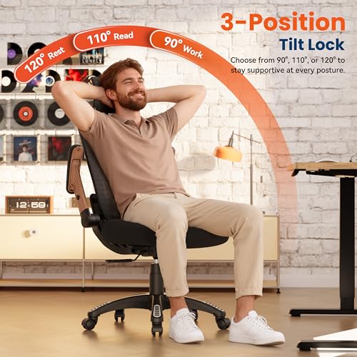 GABRYLLY Ergonomic Office Chair, High Back Home Desk Chair with Flip-Up Arms, 3D Headrest, Thick Sponge Seat &90-120° Recline, Big and Tall Mesh Executive Chairs for Man Woman, Black Woodgrain - color: Black Woodgrain