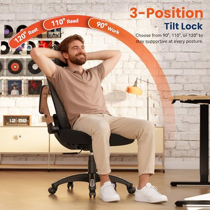 GABRYLLY Ergonomic Office Chair, High Back Home Desk Chair with Flip-Up Arms, 3D Headrest, Thick Sponge Seat &90-120° Recline, Big and Tall Mesh Executive Chairs for Man Woman, Black Woodgrain - color: Black Woodgrain