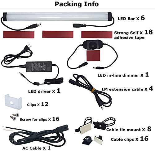 Under Cabinet LED Lighting Kit Plug in or Hardwired, 6 pcs 12 Inches Light Strips, 2000 Lumen, Super Bright, for Kitchen Counter, Closet, Shelf Lights, 31W, Warm White (6 Bars) - color: Black Cable-Warm White 3000K