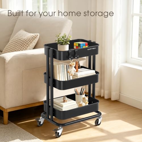3 Tier Rolling Cart Metal Utility Cart with Lockable Wheels Home Office - color: Black, size: Small